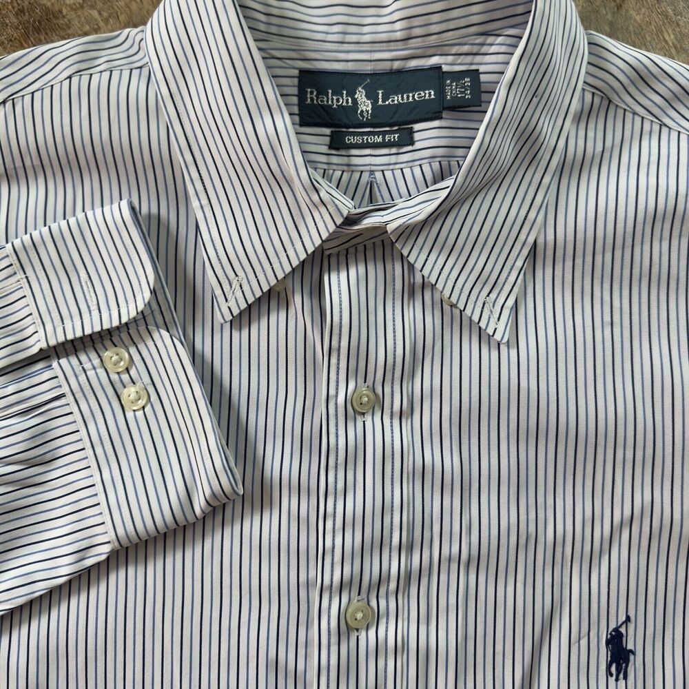 Ralph Lauren Mens 17.5 Custom Fit Button Long Sleeve Shirt White Blue Striped